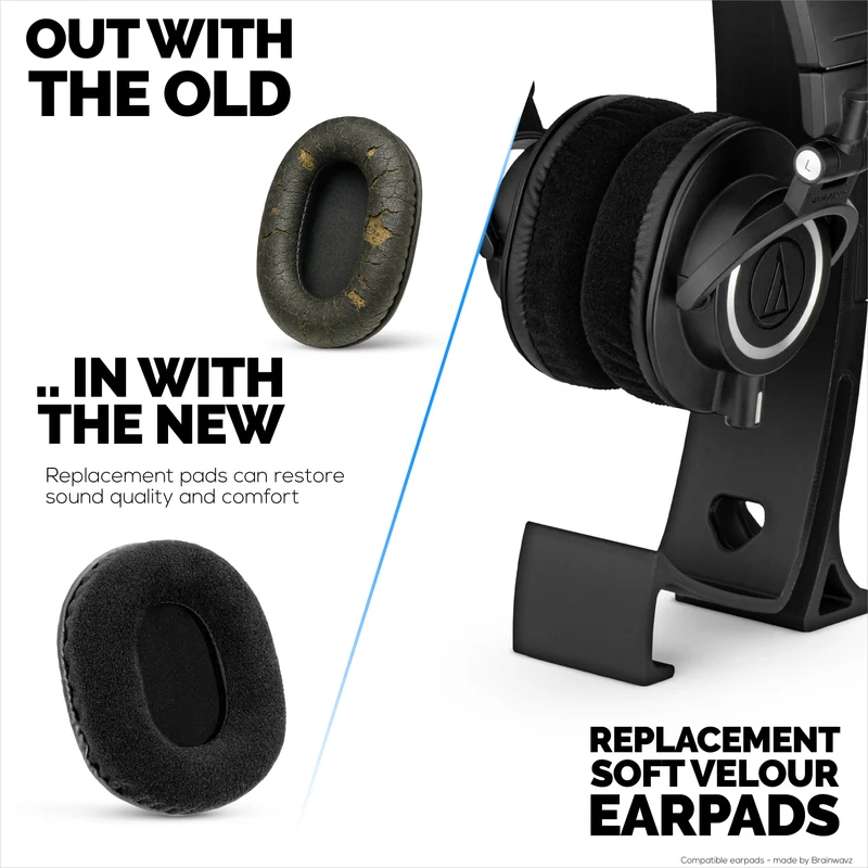 Coussinets de rechange en velours pour casques Audio Technica ATH-M50X, M50xBT, M50RD, M40X, M30X et M20X. Velours doux et mousse à mémoire de forme pour un confort optimal.