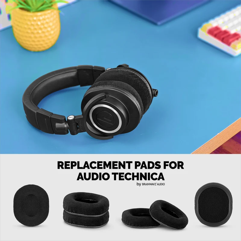 Coussinets de rechange en velours pour casques Audio Technica ATH-M50X, M50xBT, M50RD, M40X, M30X et M20X. Velours doux et mousse à mémoire de forme pour un confort optimal.