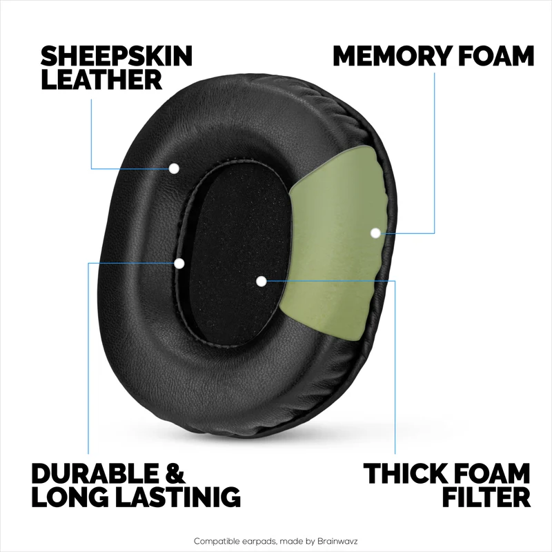Coussinets de rechange en peau de mouton pour casques Audio Technica ATH-M50X, M50xBT, M50RD, M40X, M30X et M20X. Cuir véritable souple et mousse à mémoire de forme.