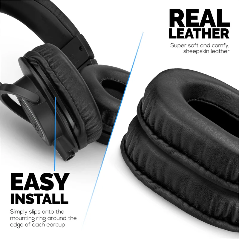 Coussinets de rechange en peau de mouton pour casques Audio Technica ATH-M50X, M50xBT, M50RD, M40X, M30X et M20X. Cuir véritable souple et mousse à mémoire de forme.