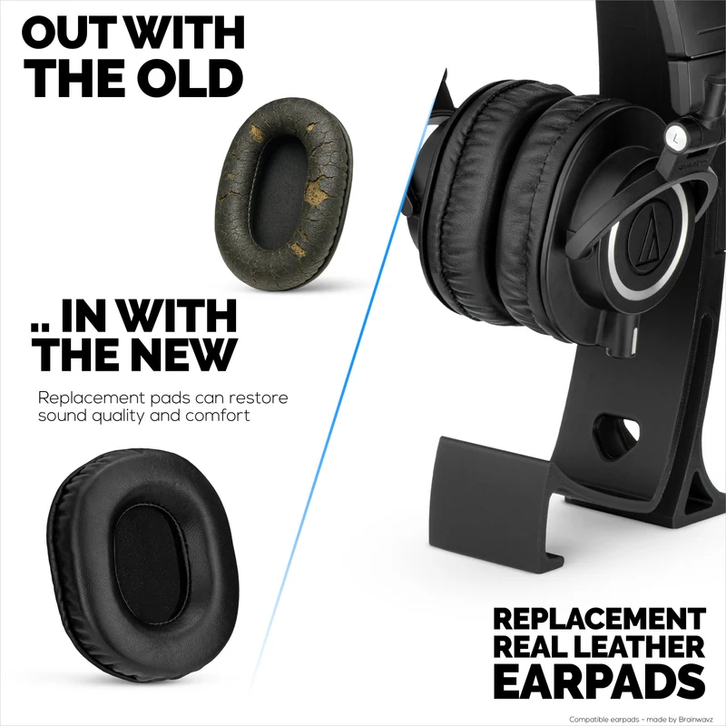 Coussinets de rechange en peau de mouton pour casques Audio Technica ATH-M50X, M50xBT, M50RD, M40X, M30X et M20X. Cuir véritable souple et mousse à mémoire de forme.