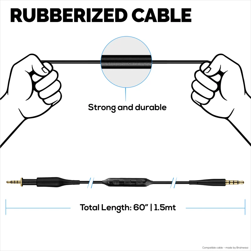 Câble audio de remplacement compatible avec les modèles AKG K430, K450, K451, K452, K480 et Q460 – Télécommande intégrée avec micro, volume, lecture/pause – 1.5 m/60 po