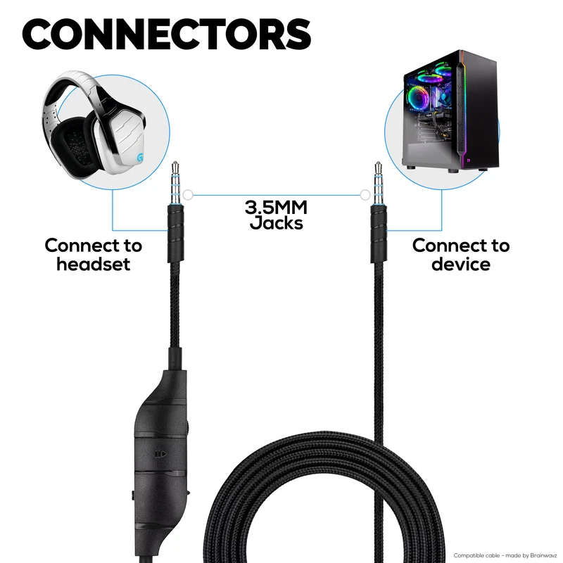 Câble audio de remplacement compatible avec Logitech G633, G635, G933, G935 – Micro/télécommande en ligne avec sourdine et contrôle du volume – Cordon de casque de jeu tressé en nylon