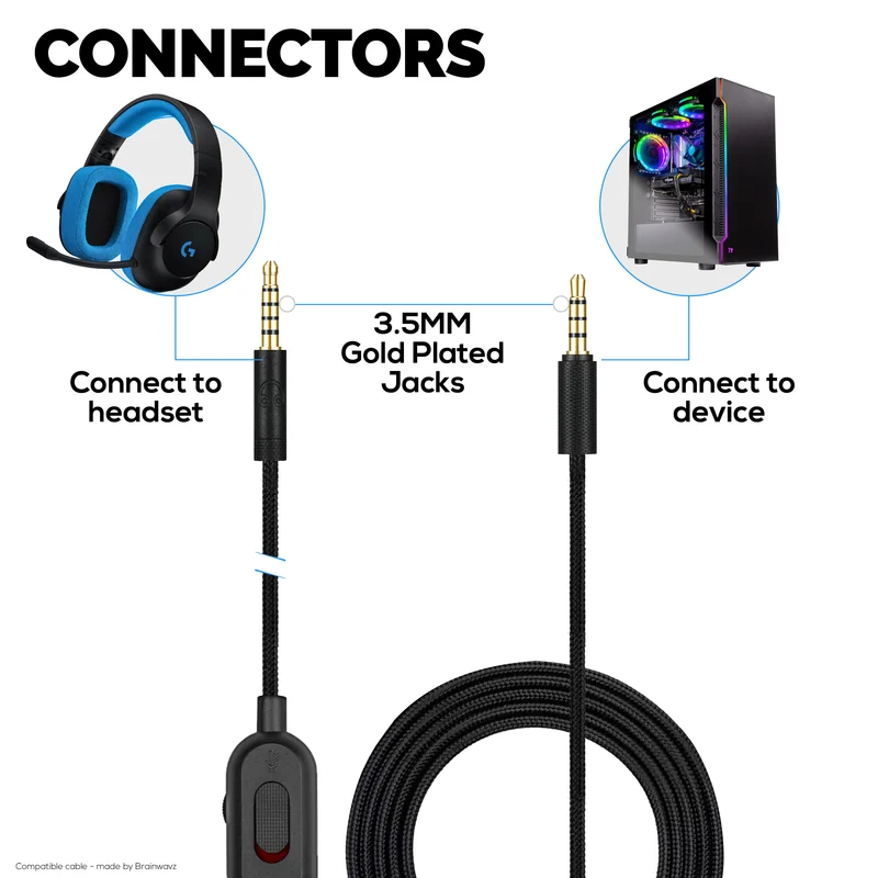 Câble audio de remplacement compatible avec Logitech G Pro, G Pro X, G433, G233 – Télécommande intégrée avec contrôle du volume et du silence