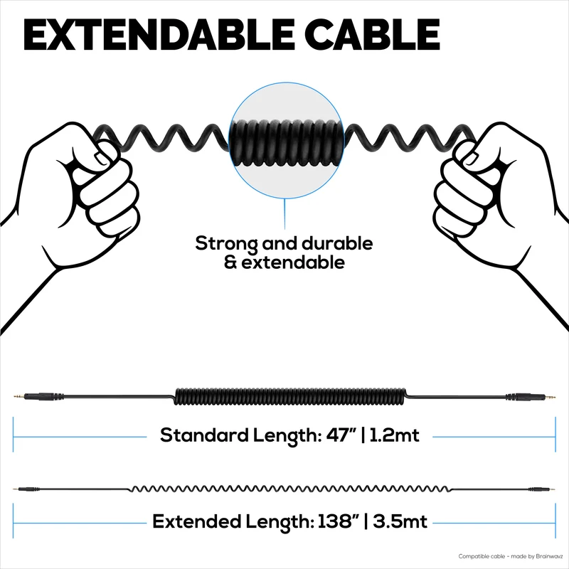 Câble audio spiralé de remplacement compatible avec les modèles Audio-Technica ATH-M50x, M40x, M70x et M60x – Jacks plaqués or 2.5 mm vers 3.5 mm avec adaptateur 6.5 mm