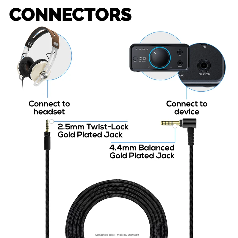 Câble audio symétrique compatible avec les casques Sennheiser Momentum – Connecteurs Twist-Lock 2.5 mm vers jacks symétriques TRRRS plaqués or 4.4 mm