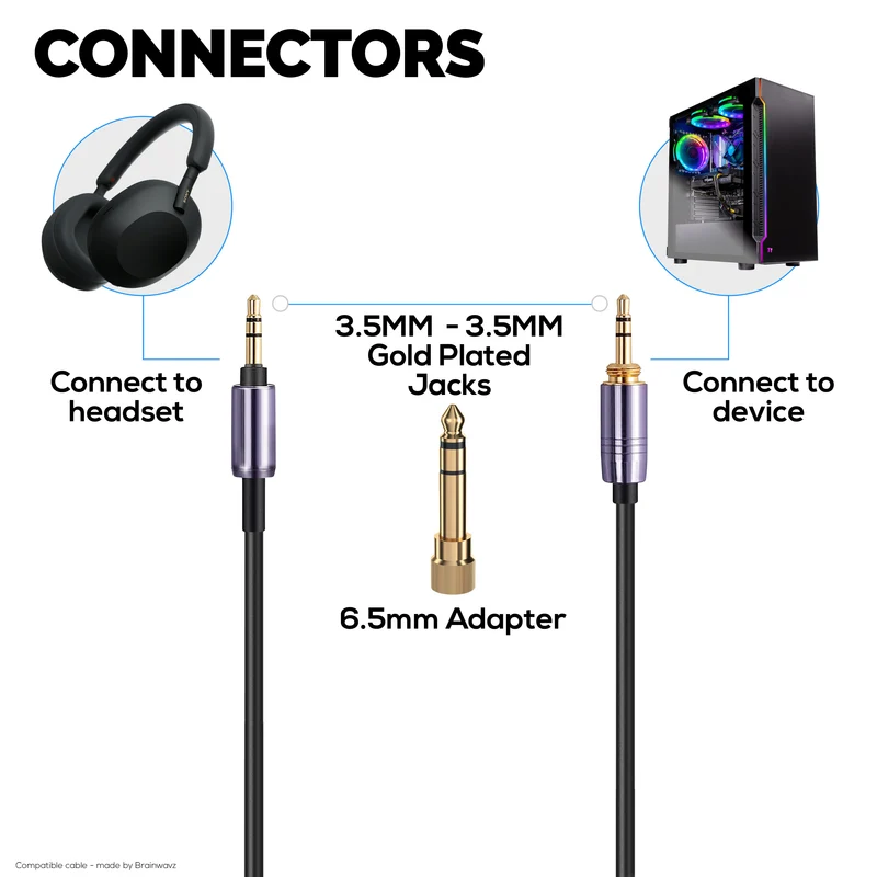 Câble audio spiralé de remplacement compatible avec Sony WH-1000XM5, 1000XM4, 1000XM3, 1000XM2, XB910N, CH700N, CH710N, MDR-XB950BT, XB950N1, 1000X