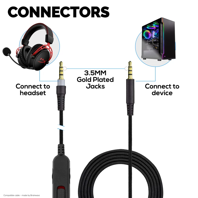 Câble audio de remplacement compatible avec les casques Kingston HyperX Cloud Mix et Cloud Alpha – Télécommande intégrée avec contrôle du volume et du silence – Cordon en nylon tressé avec connecteurs plaqués or