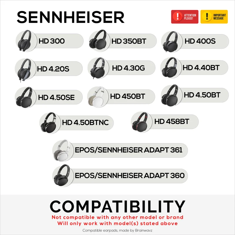 Coussinets de rechange pour casques Sennheiser HD4.50BT, HD4.50BTNC, HD450BT, HD4.50SE, HD4.40BT, HD4.30G, HD4.20S, HD458BT, HD450, HD400S et HD350BT. Cuir véritable souple et mousse à mémoire de forme.