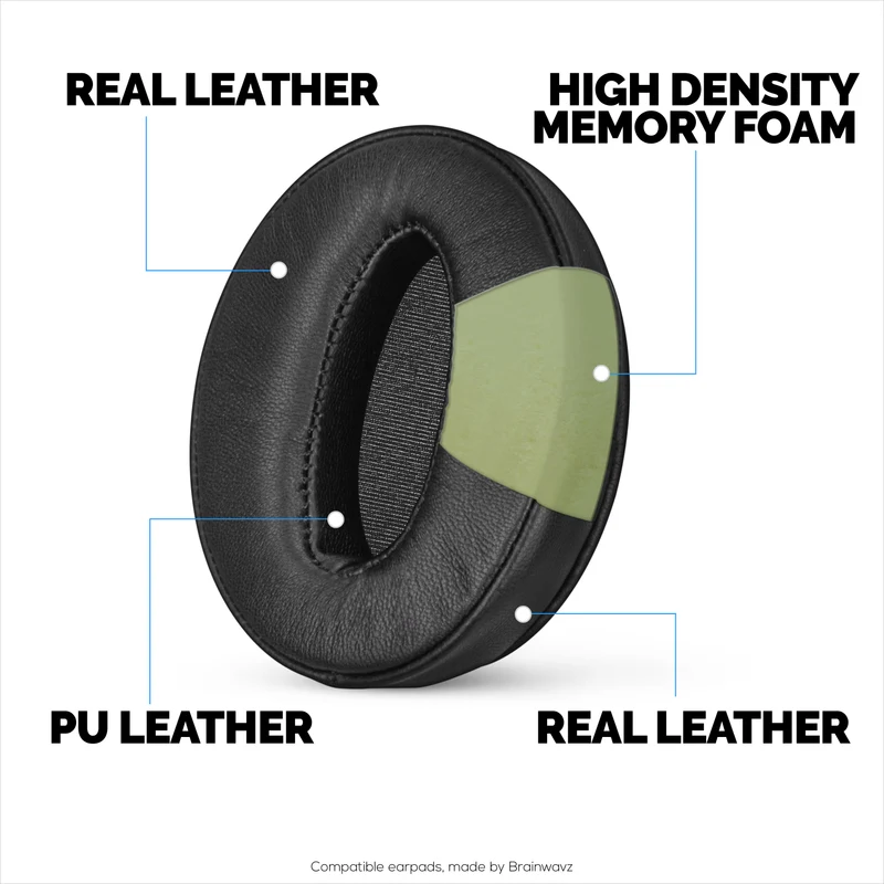 Coussinets de rechange pour casques Sennheiser HD4.50BT, HD4.50BTNC, HD450BT, HD4.50SE, HD4.40BT, HD4.30G, HD4.20S, HD458BT, HD450, HD400S et HD350BT. Cuir véritable souple et mousse à mémoire de forme.