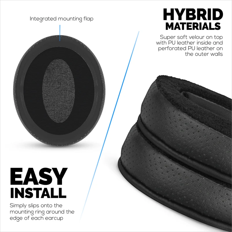 Coussinets d'oreille hybrides de rechange pour casques Sennheiser HD4.50BT, HD4.50BTNC, HD450BT, HD4.50SE, HD4.40BT, HD4.30G, HD4.20S, HD458BT, HD450, HD400S et HD350BT. Revêtement en cuir PU et velours, mousse à mémoire de forme.