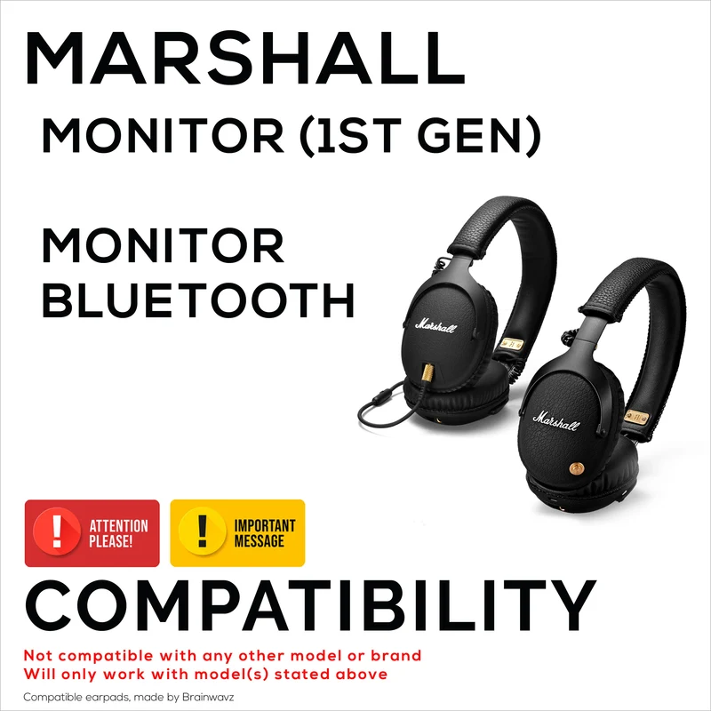 Coussinets d'oreille de remplacement pour casque Marshall Monitor / Monitor Bluetooth (1ère génération), cuir PU, mousse à mémoire de forme pour plus de confort, coussin d'oreille amélioré, durable et durable