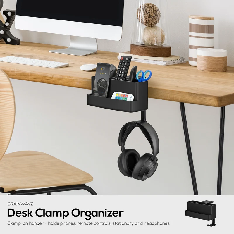 Support de suspension pour télécommande, papeterie, casque et téléphone pour tables et bureaux, facile à installer, pince réglable, convient à différentes tailles de télécommandes, stylos, crayons, casques, téléphones et plus encore