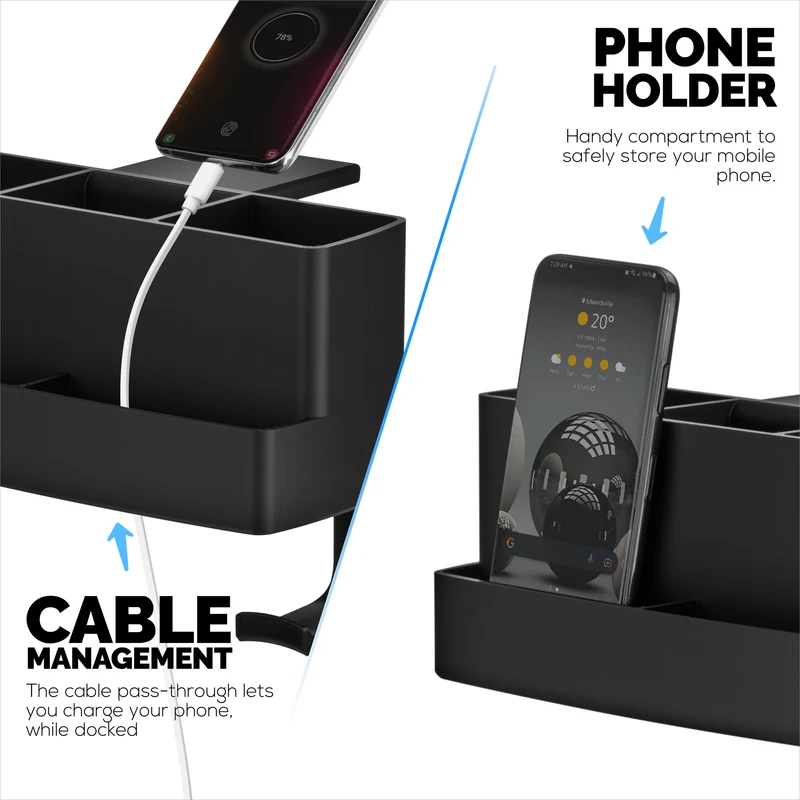 Support de suspension pour télécommande, papeterie, casque et téléphone pour tables et bureaux, facile à installer, pince réglable, convient à différentes tailles de télécommandes, stylos, crayons, casques, téléphones et plus encore