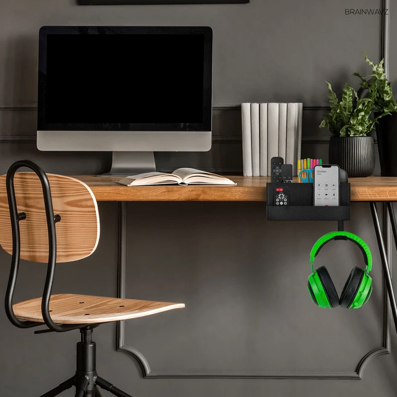 Support de suspension pour télécommande, papeterie, casque et téléphone pour tables et bureaux, facile à installer, pince réglable, convient à différentes tailles de télécommandes, stylos, crayons, casques, téléphones et plus encore