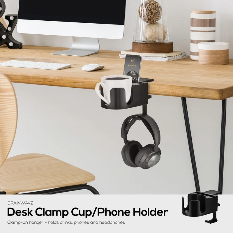Porte-gobelet de bureau avec support pour casque et téléphone, support pour stylo et papeterie - Pince réglable, s'installe sur les bureaux et les tables, peut contenir des tasses et des tasses jusqu'à 10 cm de diamètre