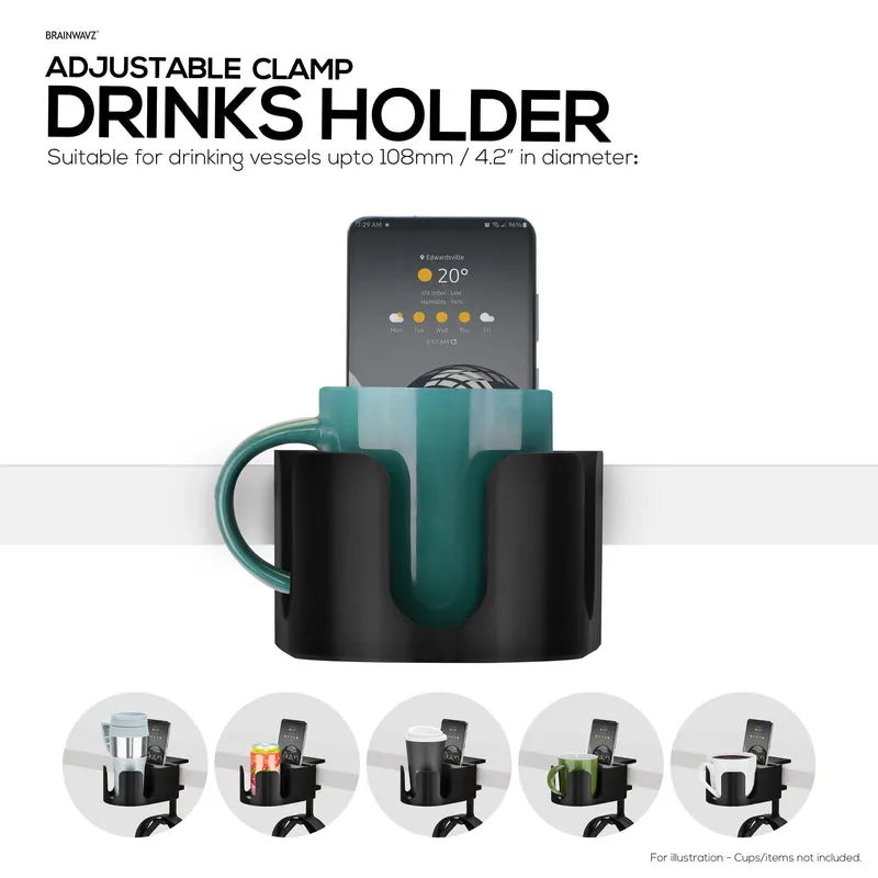Porte-gobelet de bureau avec support pour casque et téléphone, support pour stylo et papeterie - Pince réglable, s'installe sur les bureaux et les tables, peut contenir des tasses et des tasses jusqu'à 10 cm de diamètre