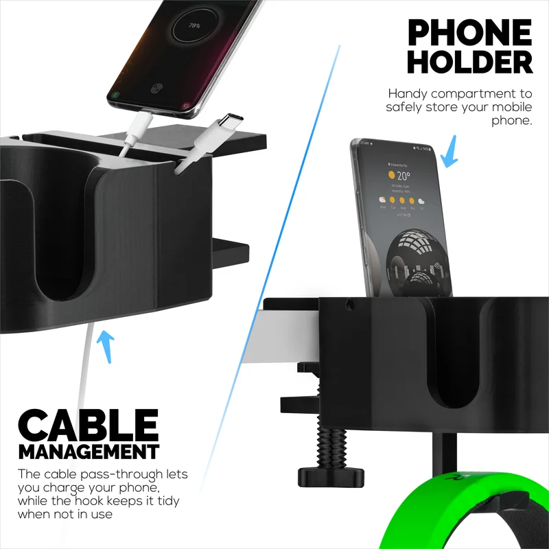 Porte-gobelet de bureau avec support pour casque et téléphone, support pour stylo et papeterie - Pince réglable, s'installe sur les bureaux et les tables, peut contenir des tasses et des tasses jusqu'à 10 cm de diamètre