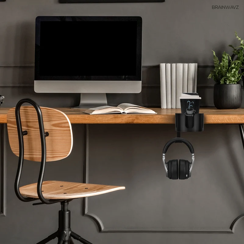 Porte-gobelet de bureau avec support pour casque et téléphone, support pour stylo et papeterie - Pince réglable, s'installe sur les bureaux et les tables, peut contenir des tasses et des tasses jusqu'à 10 cm de diamètre