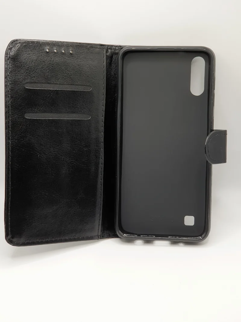 Samsung A10 Wallet Card Insert Case Faux Leather Black Full Protection Stand Up Cover