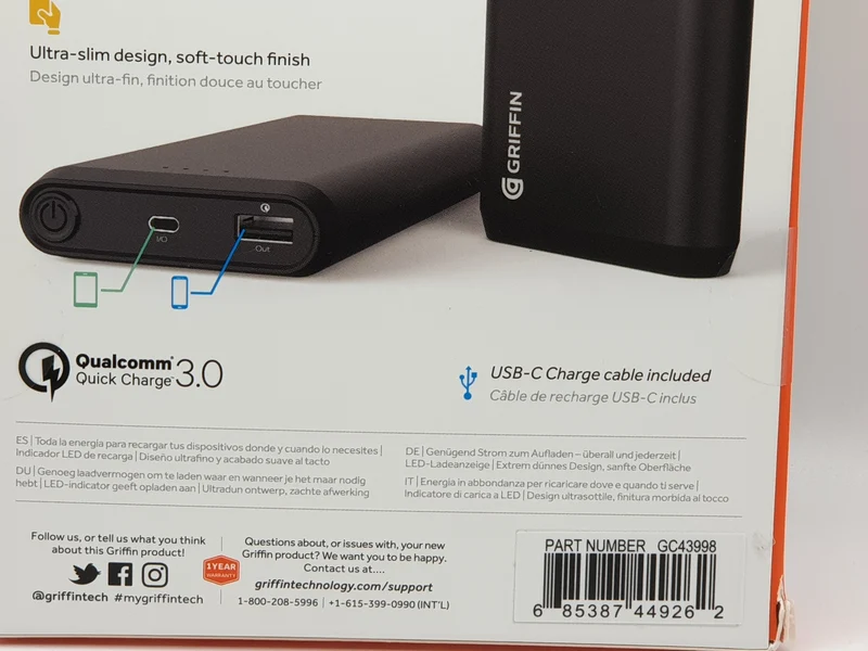 Griffin Reserve Powerbank Qualcomm Quick Charge 3.0 Technology USB-C Premium Power To GO Upto 10X Charges For Smartphones Tablets Macs
