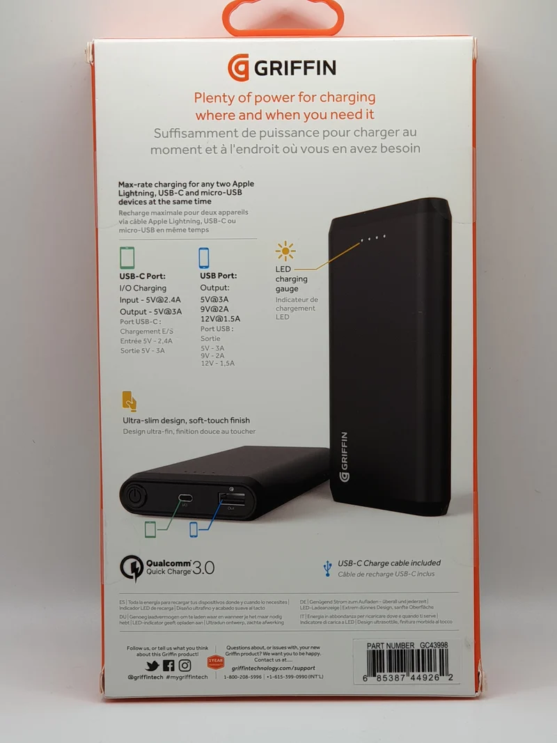 Griffin Reserve Powerbank Qualcomm Quick Charge 3.0 Technology USB-C Premium Power To GO Upto 10X Charges For Smartphones Tablets Macs