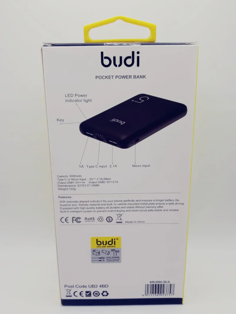 Budi Pocket Powerbank 5000Mah Fast Charge 2.1Amps Twin USB Smartphones & Tablets