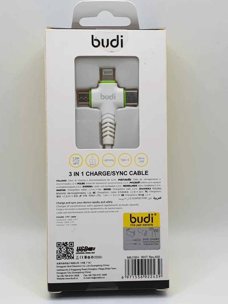 Budi 3 in 1 Cable Lightening Type-C Micro USB 1.2M Fast Charge Smartphones Tablets