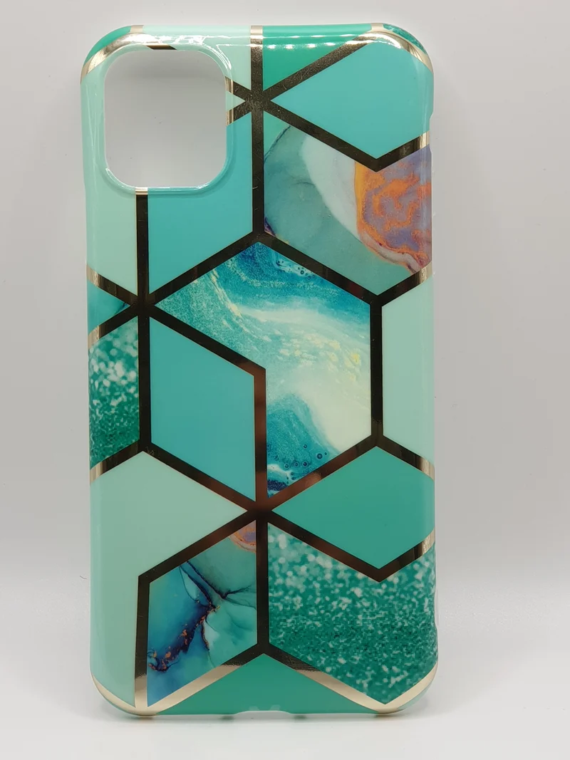 iPhone 11 Case Cover Marble Effect Design Turqoise & Gold