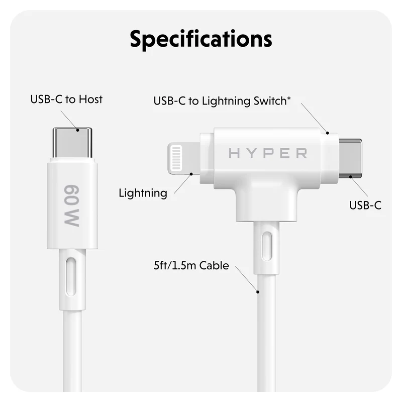 HyperJuice Câble hybride USB-C et Lightning en silicone (1,5 m) - Blanc