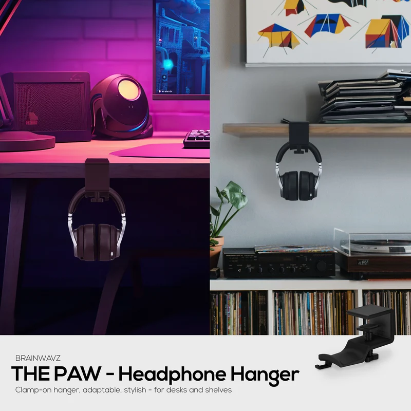 Brainwavz Paw – Support pour casque sous le bureau, à visser, facile à installer avec pince de montage réglable, convient à tous les casques