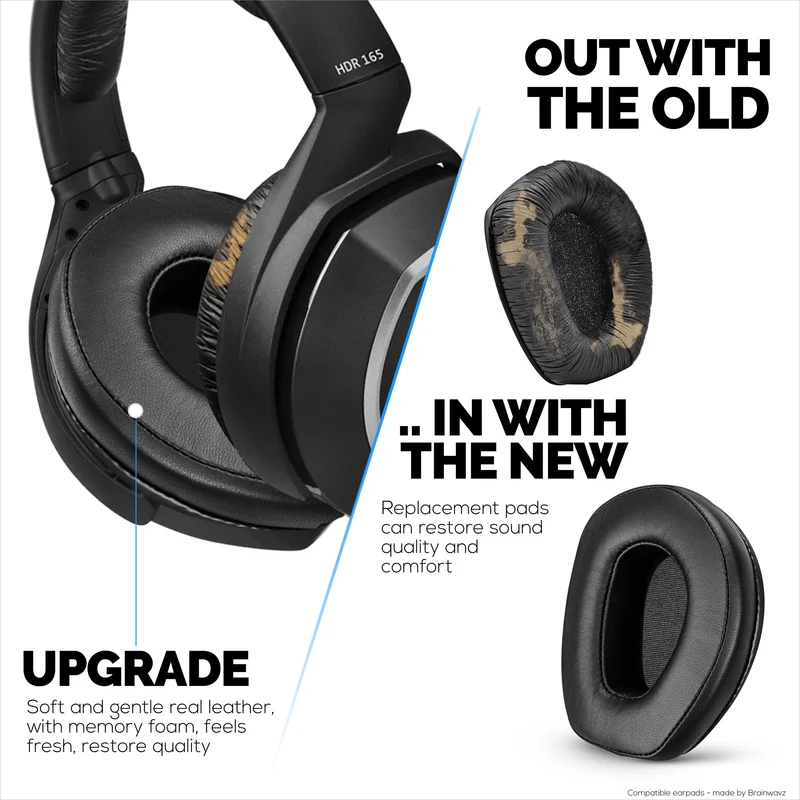 Oreillettes en peau de mouton pour écouteurs SENNHEISER RS165, RS175, RS185 et RS195 - Coussinets d'oreille en cuir véritable souple de haute qualité et mousse à mémoire de forme, HDR165, HDR175, HDR185, HDR195